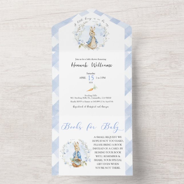 Invitation Tout En Un C'est un Baby shower de lapin Peter Garçon (À l'intérieur)