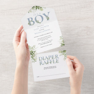 Invitation Tout En Un C'est un garçon Dusty Blue Floral Greenery Baby Sh