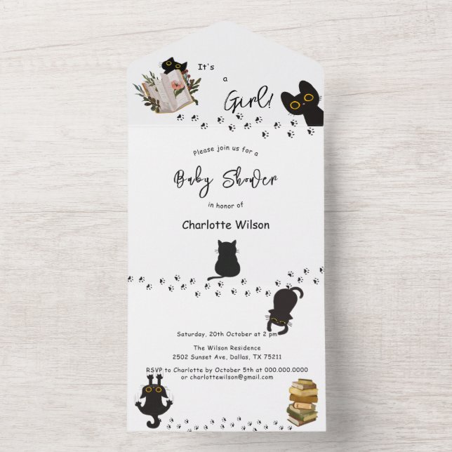 Invitation Tout En Un C'est une fille ! Cute chat noir et Baby shower de (À l'intérieur)