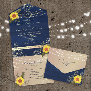 Invitation Tout En Un Chaîne de tournesol rustique Lumières Mariage bleu