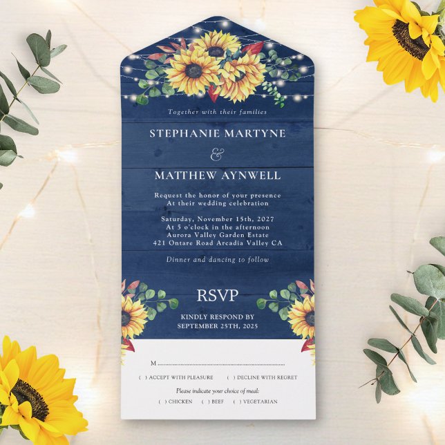 Invitation Tout En Un Chaîne de tournesols rustiques Lumières Mariage bl (Créateur téléchargé)