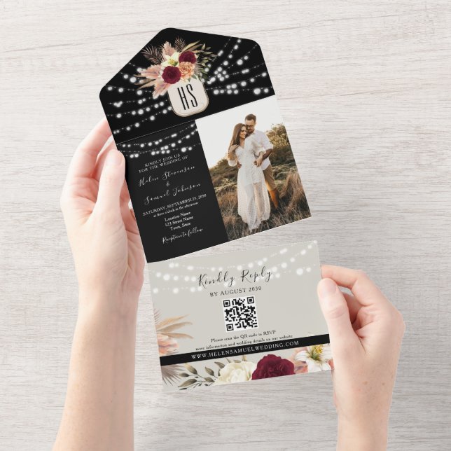 Invitation Tout En Un Chaîne rustique éclaire Floral Bourgogne Mariage n (Déchirure)