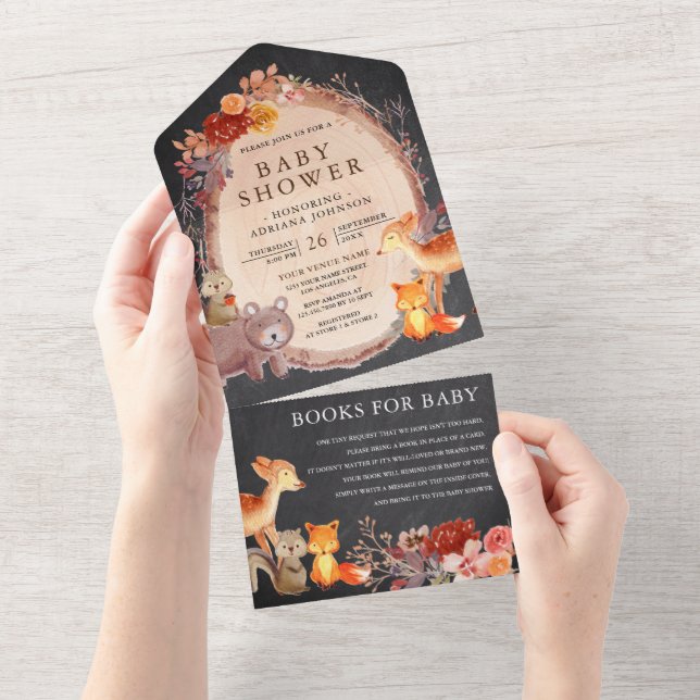 Invitation Tout En Un Chalkboard Baby shower d'animaux forestiers de boi (Déchirure)