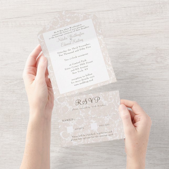 Invitation Tout En Un Champagne Ivoire Dentelle Filigree Paisley Wedding (Déchirure)