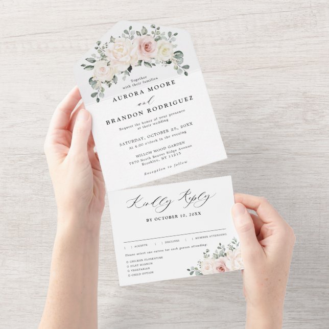 Invitation Tout En Un Champagne Ivory Blush rose Floral Mariage (Déchirure)