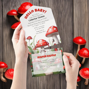 Invitation Tout En Un Champignons rouges Baby shower des bois