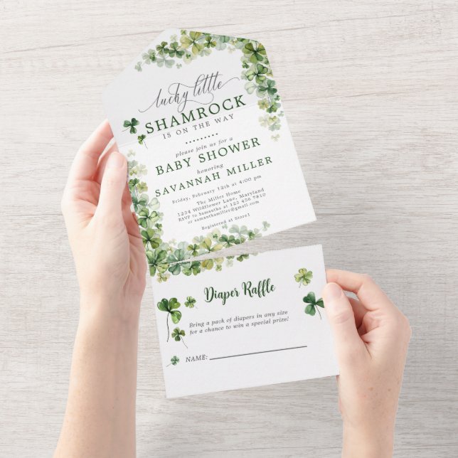 Invitation Tout En Un Chanceux Petit Baby shower Shamrock Déchets Raffle (Déchirure)