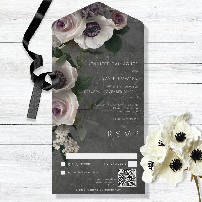 Invitation Tout En Un Charbon noir élégant Floral moderne QR Code (Créateur téléchargé)