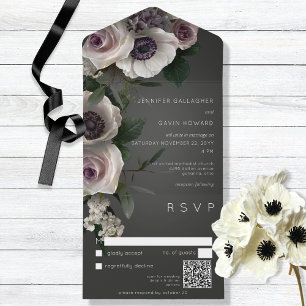 Invitation Tout En Un Charbon noir et blanc Floral moderne QR Code