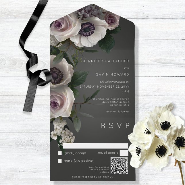 Invitation Tout En Un Charbon noir et blanc Floral moderne QR Code (Créateur téléchargé)