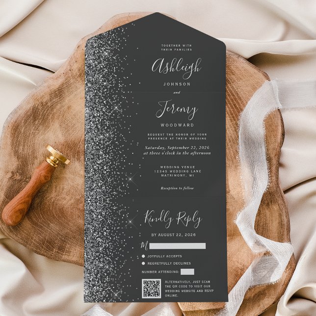 Invitation Tout En Un Charcoal Gray Silver Glitter QR Code Wedding (Créateur téléchargé)