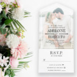 Invitation Tout En Un Charcoal Text Big Photo Wedding<br><div class="desc">All in one wedding invitation you can personalize with a photo of the two of you beneath a sheer layer of white that helps the text pop. Informal wording with elegant charcoal fonts and your names in big letters.</div>