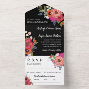 Invitation Tout En Un Charmant Boho Fleurs colorées Mariage noir Tout I