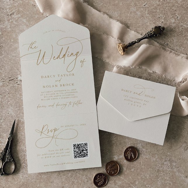 Invitation Tout En Un Charme élégant QR Code ivoire et Mariage or (Elegant Charm QR Code Ivory and Gold Wedding All In One Invitation)