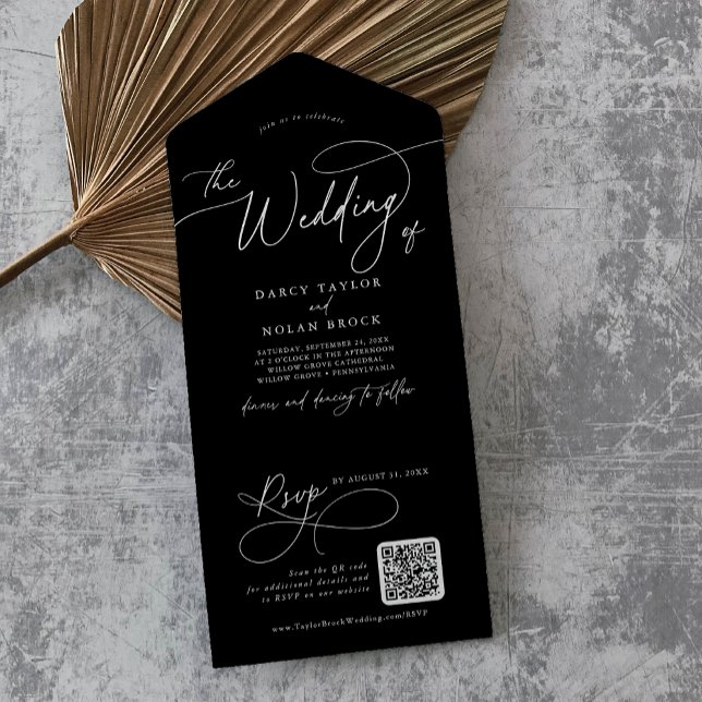 Invitation Tout En Un Charme élégant QR Code Mariage noir (Elegant Charm QR Code Black Wedding All In One Invitation)