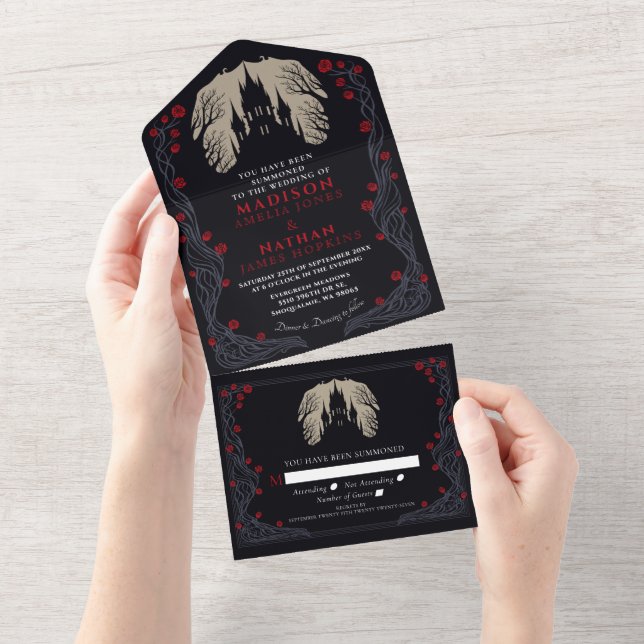Invitation Tout En Un Château gothique Floral Halloween Mariage (Déchirure)