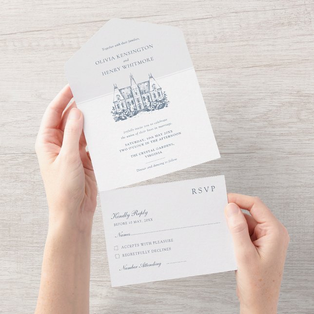 Invitation Tout En Un Chateau Venue Sketch Minimalist Wedding (Créateur téléchargé)