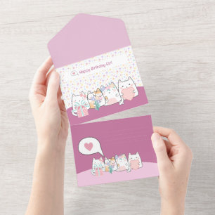 Invitation Tout En Un Chats mignons Pastel Kawaii saluant dans un dessin