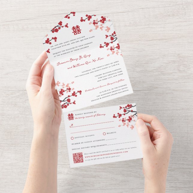 Invitation Tout En Un Cherry Blossoms double bonheur Mariage chinois (Déchirure)