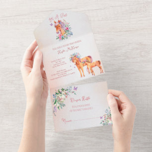 Invitation Tout En Un Cheval de bébé rose pastel tout en un baby shower