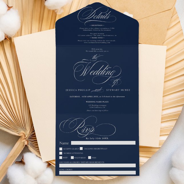 Invitation Tout En Un Chic argent élégant script marine bleu mariage (Créateur téléchargé)