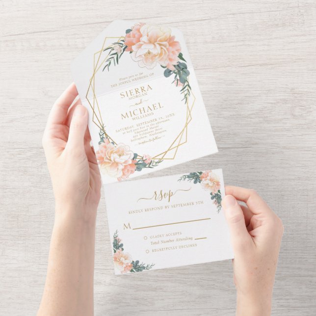 Invitation Tout En Un Chic Blush Gold Peach Mint Green Floral Mariage (Déchirure)