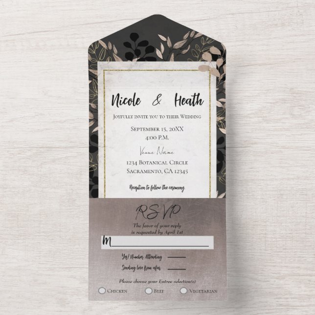 Invitation Tout En Un Chic Botanique Feuille Gris Blush Mariage Or (À l'intérieur)