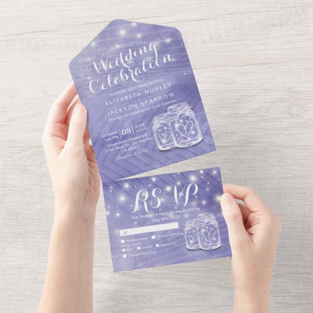 Invitation Tout En Un Chic Couple Mason Jar Lavender Mariage violet RSVP (Déchirure)