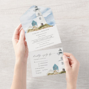 Invitation Tout En Un Chic Dusky Aqua Mariage de montagne du phare bleu