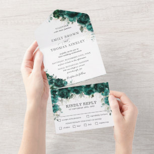 Invitation Tout En Un Chic Emerald Green Floral Flowers Mariage