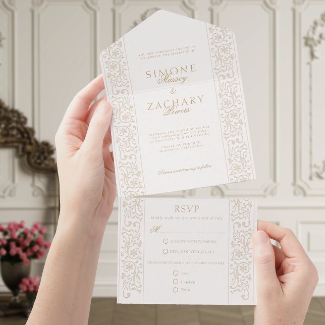 Invitation Tout En Un Chic Formal Ecru Scrollwork Border Wedding (Créateur téléchargé)