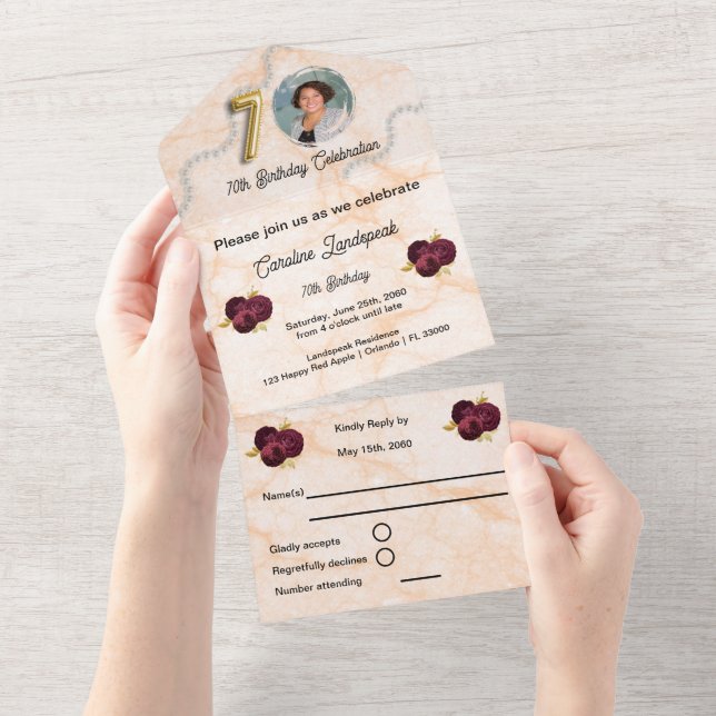 Invitation Tout En Un Chic Gold & Bourgogne Rose 70e anniversaire (Déchirure)