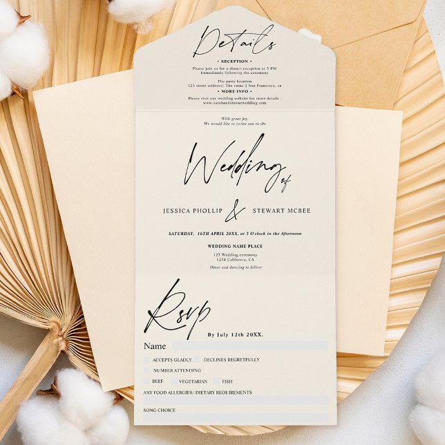Invitation Tout En Un Chic ivoire élégant script mariage moderne (Créateur téléchargé)