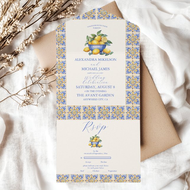 Invitation Tout En Un Chic Lemon Floral Verdure Mariage méditerranéen (Créateur téléchargé)