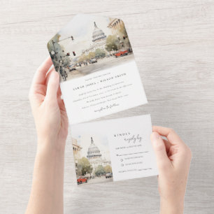 Invitation Tout En Un Chic Minimal Washington DC, USA Watercolor Mariage