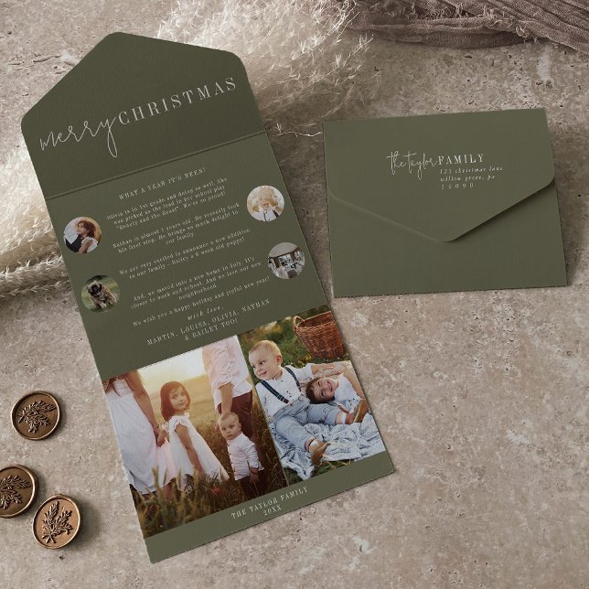 Invitation Tout En Un Chic moderne | Green Merry Christmas Multi Photo (Créateur téléchargé)