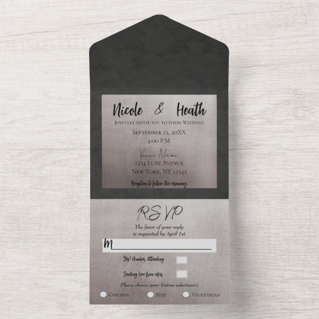 Invitation Tout En Un Chic moderne gris & rose brillant Mariage (À l'intérieur)