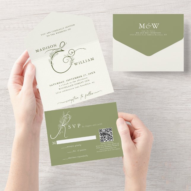 Invitation Tout En Un Chic Moss Green Floral Ampersand QR Code Mariage (Créateur téléchargé)