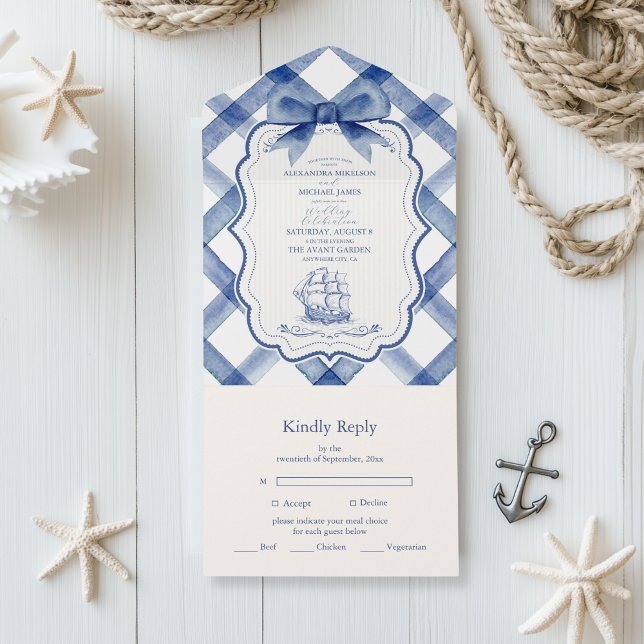 Invitation Tout En Un Chic Nautique Marine Mariage Bleu Bow (Créateur téléchargé)