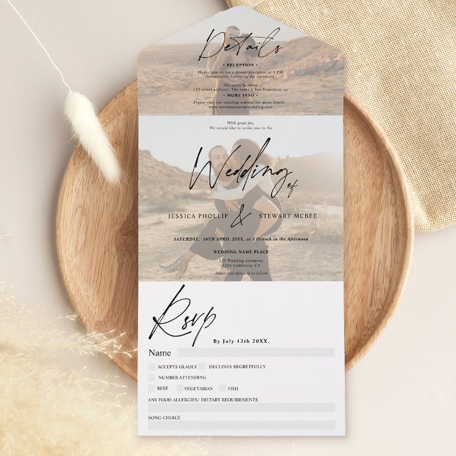 Invitation Tout En Un Chic noir blanc élégant script 2 photos mariage (Créateur téléchargé)
