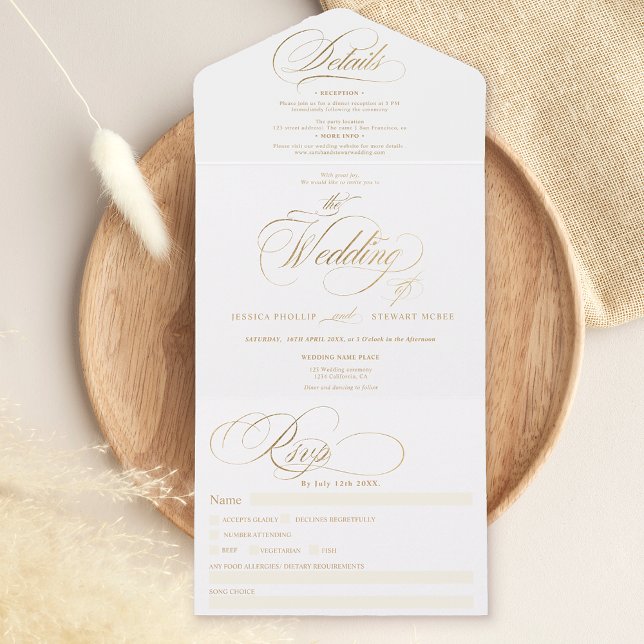 Invitation Tout En Un Chic or élégant mariage de calligraphie script élé (Créateur téléchargé)