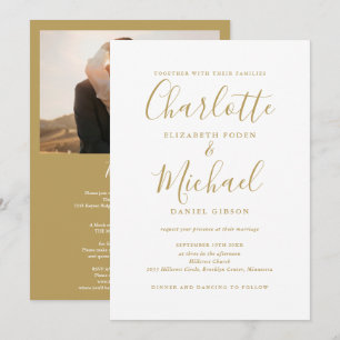 Invitation Tout en un Chic Or Script Photo Mariage