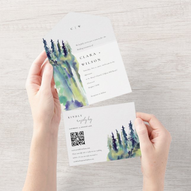 Invitation Tout En Un Chic Pine Tree Mountain Landcape Mariage QR Code (Déchirure)