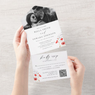 Invitation Tout En Un Chic Poppy Red Flowers Monogramme Mariage photo
