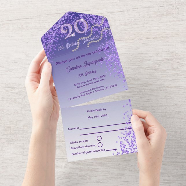 Invitation Tout En Un Chic Purple Parties scintillant 20e Joyeux anniver (Déchirure)