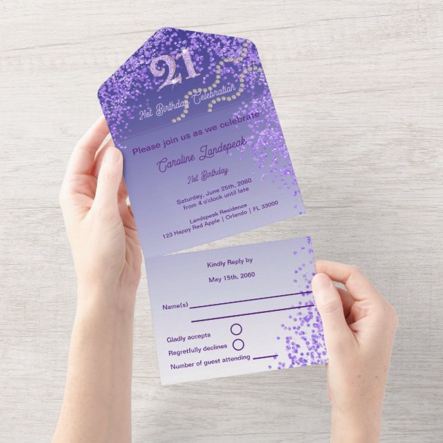 Invitation Tout En Un Chic Purple Parties scintillant 21ème Joyeux Anniv (Déchirure)