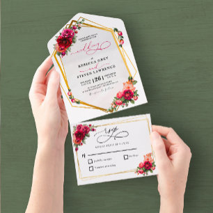 Invitation Tout En Un Chic rouge rose floral et or faux