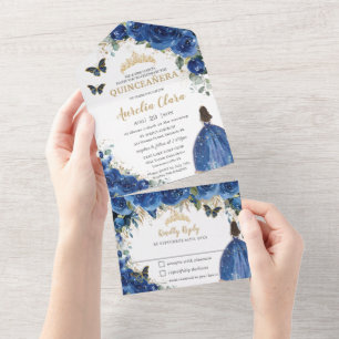 Invitation Tout En Un Chic Royal Blue Floral or Quinceanera Princesse