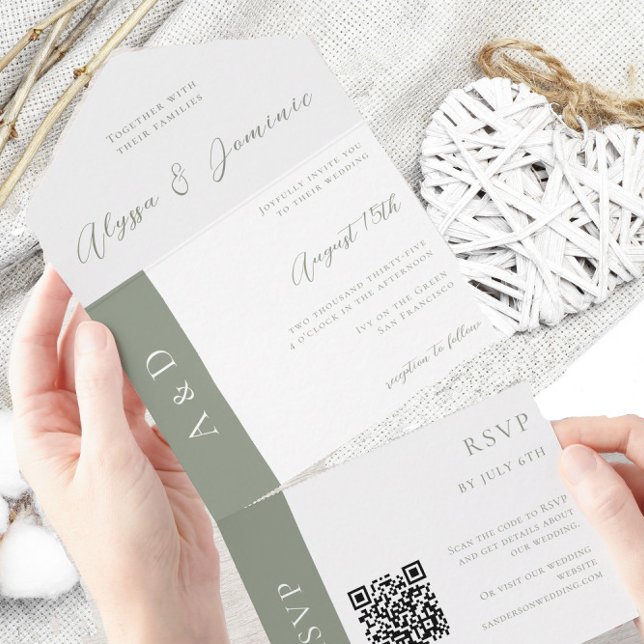 Invitation Tout En Un Chic Sage Green QR Code All in One Wedding Invitat (Créateur téléchargé)