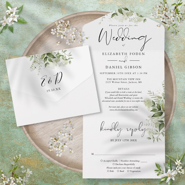 Invitation Tout En Un Chic Script Floralies de verdure Détails RSVP Mari (Chic Script Greenery Floral Details RSVP Wedding All In One Invitation)